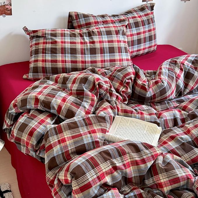 VM VOUGEMARKET Buffalo Gingham Duvet Cover Set Queen,3 Pieces Washed Cotton Bedding Set,Breathable Luxury Plaid Duvet Cover with Zipper Closure(Red&Brown)