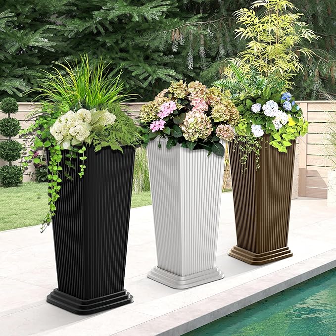 24-Inch Tall Planters Set of 2 for Outdoor and Indoor Use,Tapered Flower Pots with Drainage Tray, Front Porch and Patio Decor,Ideal for Large Plants (Stripes-Black)
