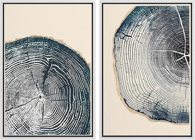 MUDECOR Framed Canvas Print Wall Art Navy Blue Wood Tree Ring Nature Illustration Modern Art Decorative Multicolor Geometric Minimal for Bedroom - 24"x36"x2 White