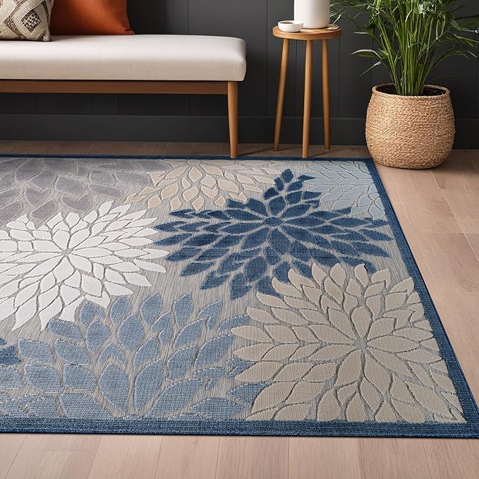 Beverly Rug Outdoor Rug 10x14 Large Modern Floral Tropical Area Rugs for Indoor and Outdoor Patio Easy to Clean Non Shedding Living Room Porch Garden Washable Outside Carpet (10 x 14 Blue)