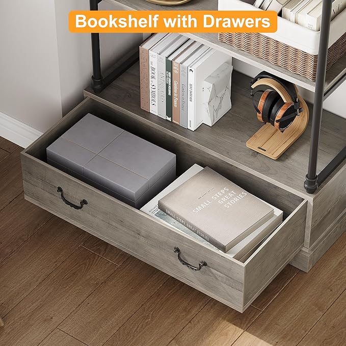 GarveeHome 81.3" Bookshelf with Storage Drawer, Tall Bookcase w/Metal Frame, 5 Tier Vintage Bookshelf Industry Display Storage Shelf for Office Living Room Library Bedroom
