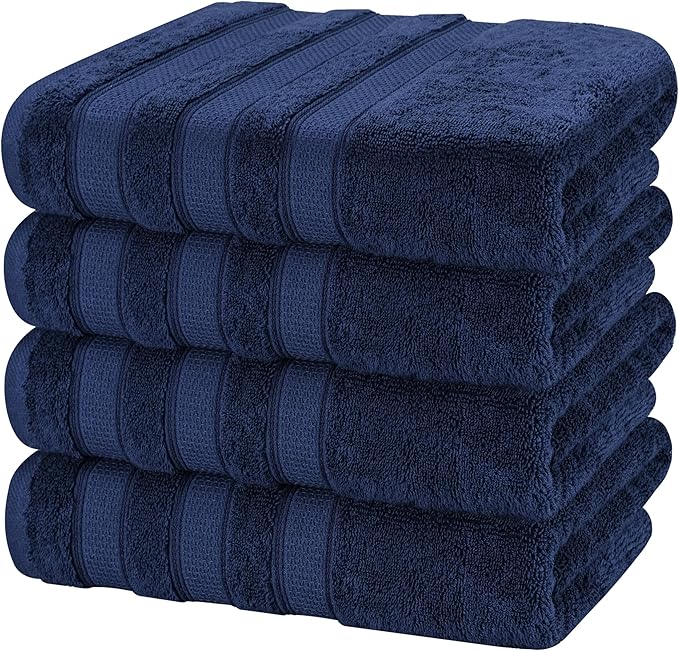 American Soft Linen Salem 100% Cotton Turkish 4 Piece Bath Towels for Bathroom, 600 GSM Soft Absorbent Quick Dry Bath Towel Set, Navy Blue