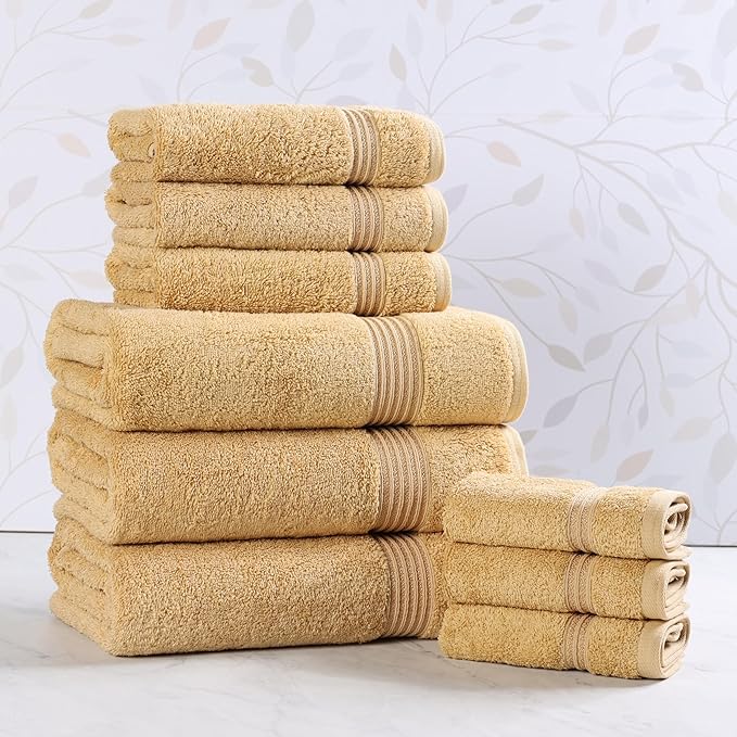 Superior Egyptian Cotton 9-Piece Towel Set, Assorted Towels for Home Bathroom, Guest Bath Decor Essentials, Includes 3 Bath, 3 Hand, 3 Face Towels/Washcloths, Quick Dry, Absorbent - Gold