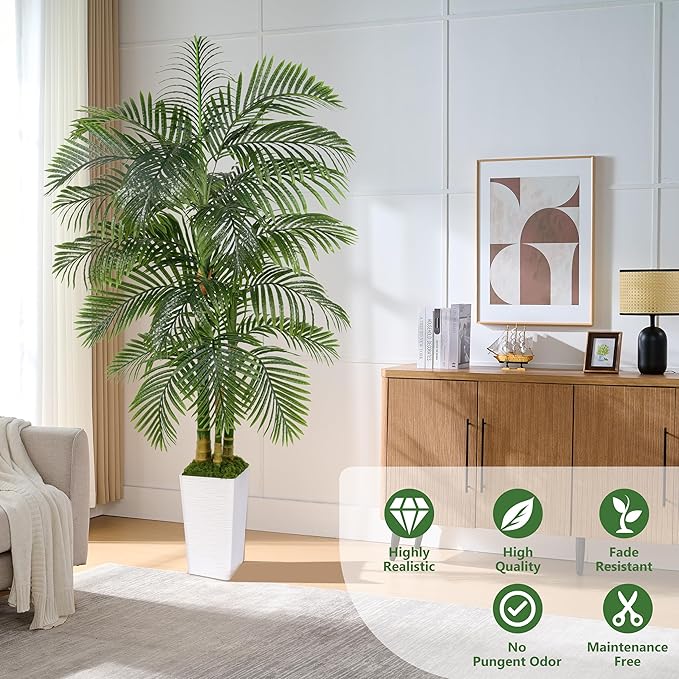 Artificial Golden Cane Palm Tree 7FT, Fake Palm Tree with Three Realistic Trunks and Lifelike Palm Leaves, Faux Palm Plant for Indoor Home Décor with White Planter