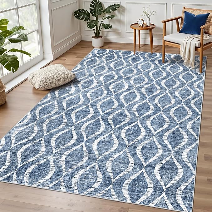 WITSHOCK Area Rugs for Living Room 5x8: Washable Non-Slip Soft Geometric Large Indoor Rug for Bedroom Dining Room, Low Pile Boho Pattern Carpet for Nursery Playroom Decor, Kid & Pet Friendly, Blue