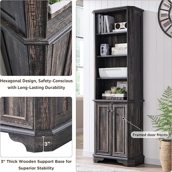 OKD 6-Tier Bookcase with Doors, 72" Tall Farmhouse Bookshelf with Storage & Adjustable Shelves, Wooden Floor Standing Display Book Shelf Organizer for Home Office, Dark Rustic Oak