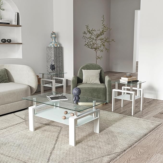 IANIYA 2PCS Modern Glass End Table, 2-Tier Side Table with Tempered Glass Top & Metal Legs, Night Stand Corner Table for Living Room, Bedroom, White