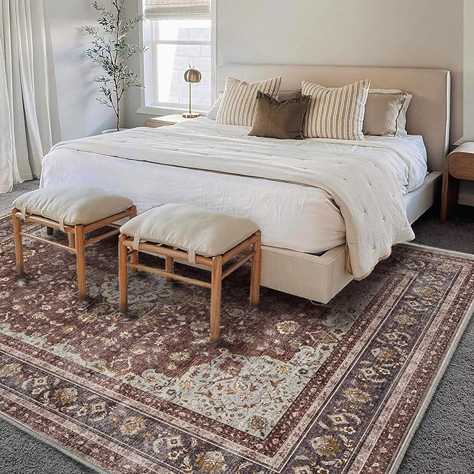 Area Rug 6'x9' Washable Vintage Traditional Floor Cover Thin Retro Kitchen Indoor Distressed Non Slip Carpet for Living Room Bedroom Dining Room