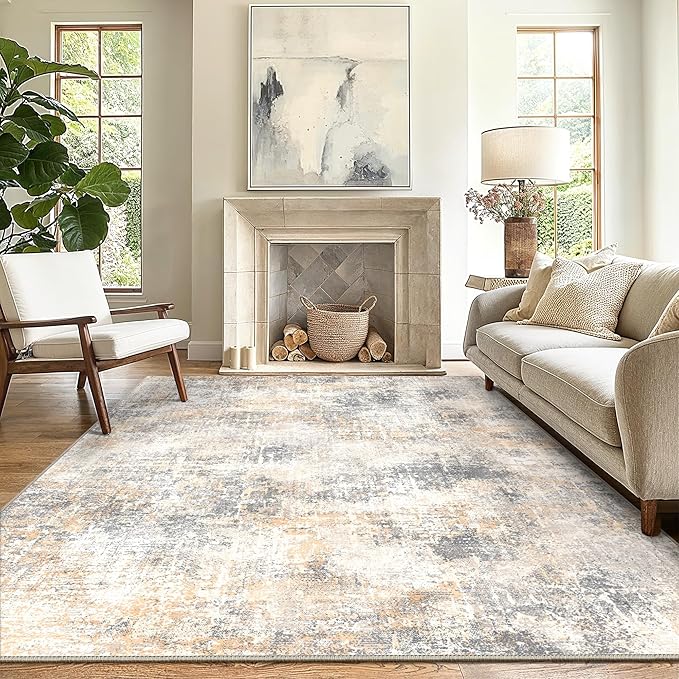 GENIMO Washable Area Rugs for Living Room Bedroom, 9x12 Modern Abstract Non Slip Rug, Low Pile Soft Contemporary Indoor Floor Carpet Cover for Dinning Room Kitchen, Beige Gold
