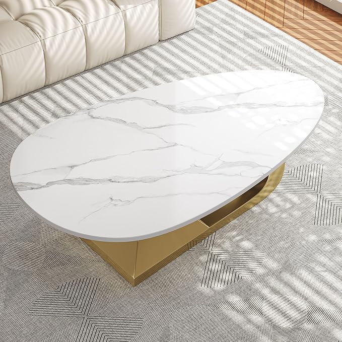 Modern Oval Sintered Stone Coffee Table, 51.2" White and Gold Rectangle Coffee Table with Faux Marble Top & Golden Geometric Stainless Steel Base, Rectangle Tea Center Table for Living Room