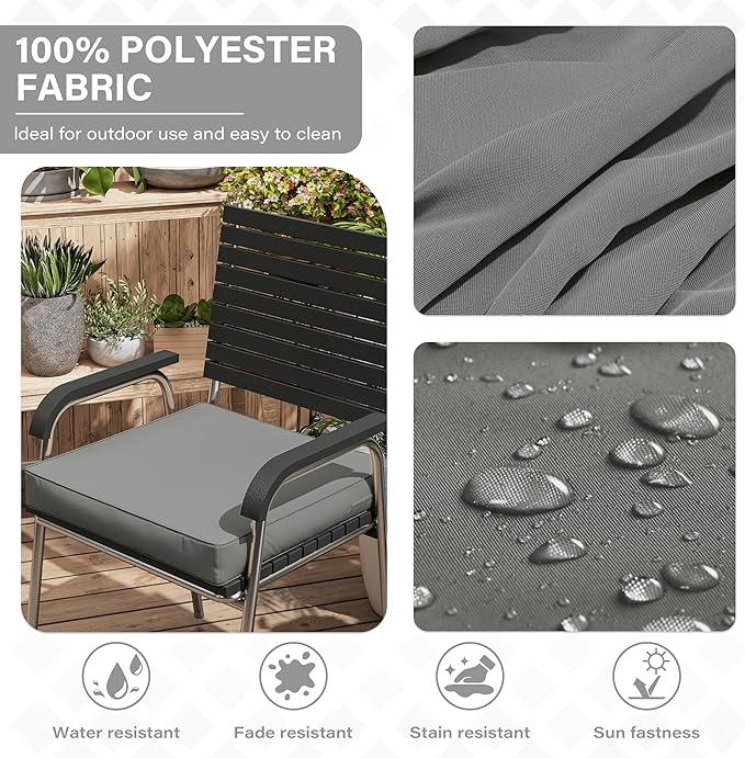Patio Chair Cushions 17 X 16 X 3 Inch Waterproof Outdoor Seat Cushions for Patio Furniture, Outdoor Sofa Couch Pads with Ties & Handle, Set of 2, Light Grey