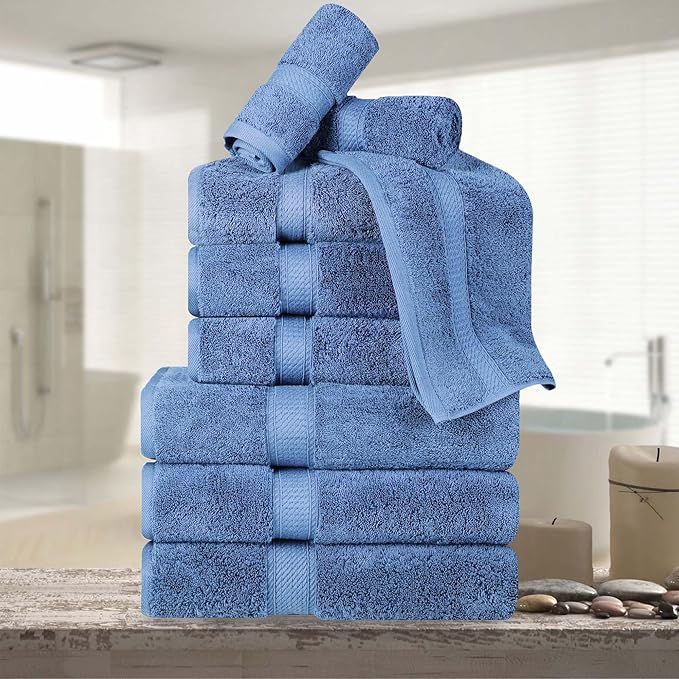 BNM Egyptian Cotton Heavyweight Towels, Ideal For Bathroom, Shower, Spa, Hotel, 800 GSM, Face/ Washcloths, Hand Towels, Bath Towels, Highly-Absorbent, Luxury Home Basics, 9 Piece Towel Set, Denim Blue
