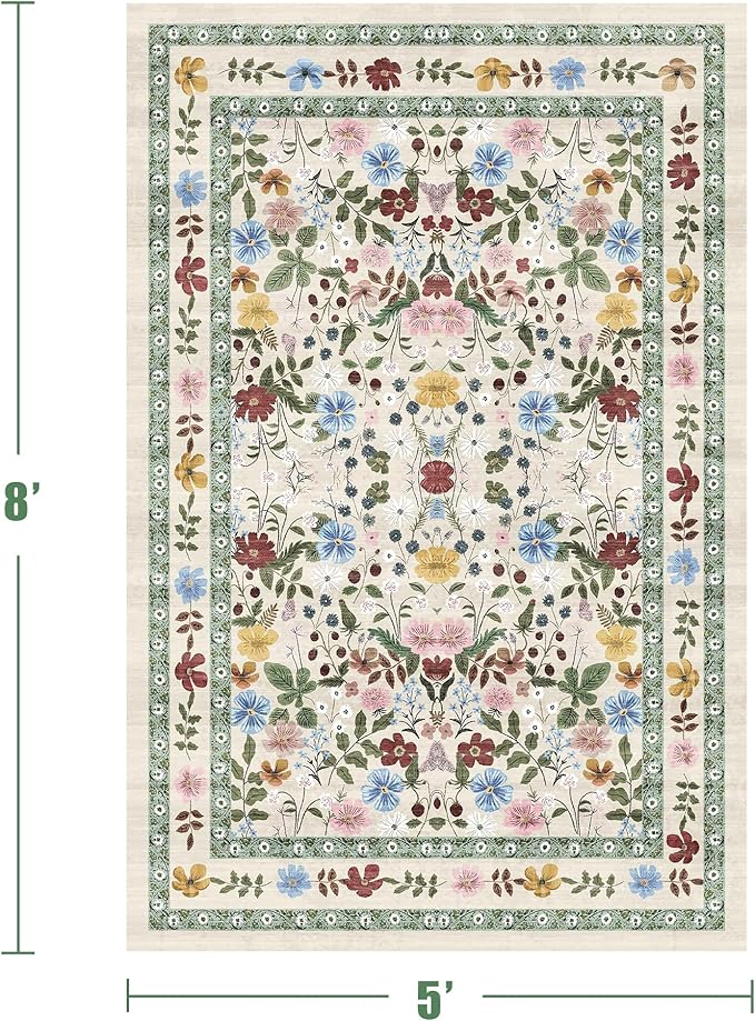 Deerly Floral Area Rugs 5x8 Vintage Boho Washable Non-Slip Living Room Carpet Soft Low Pile Colorful Thin Bedroom Floor Mat Indoor for Dining Room Playroom Nursery Farmhouse, Beige/Green/Multi