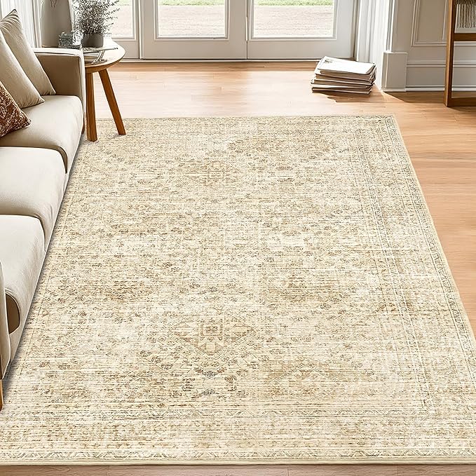 MIULEE 5x7 Vintage Living Room Rug Washable Area Rugs Low Pile Floor Mat for Bedroom Dining Room Non-Slip Stain Resistant Soft Indoor Carpet for Home Decor, Neutral Beige