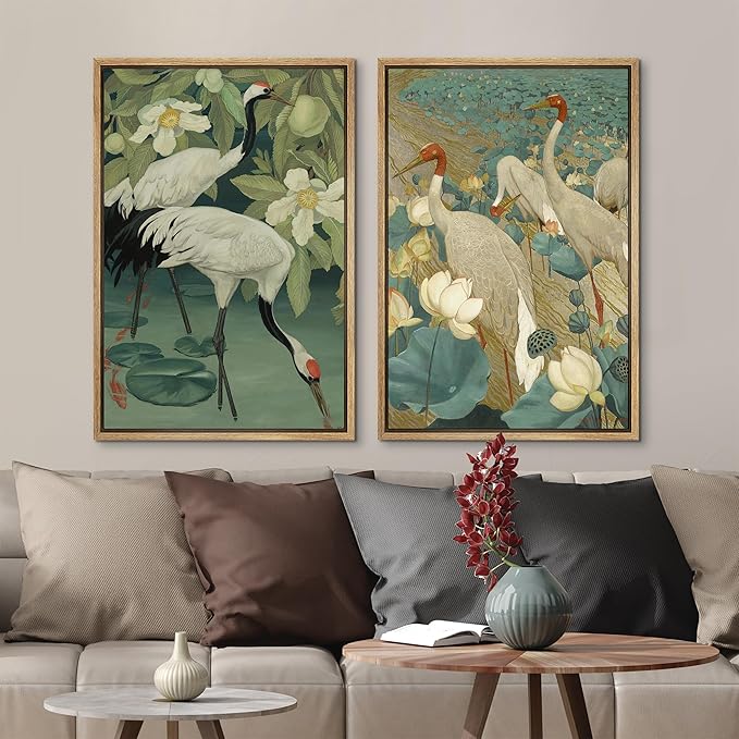 MUDECOR Framed Canvas Print Wall Art Elegant Cranes Among Lotus Flowers Nature Illustrations Modern Art Decorative Multicolor Minimalism for Bedroom - 16"x24"x2 Natural