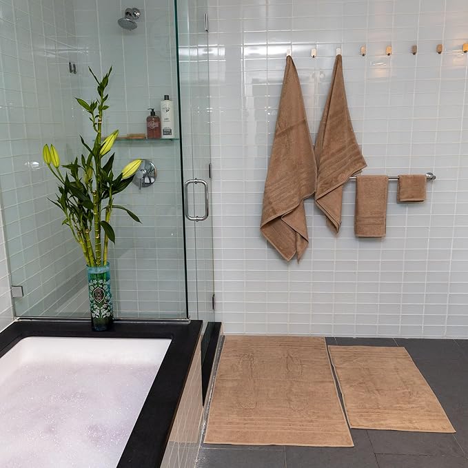 Mosobam Luxury Turkish 10pc Deluxe Bath Bundle Body Hand Face Towel and Mat Light Taupe 700 GSM & 1000 GSM Bamboo Viscose & Aegean Turkish Combed Cotton