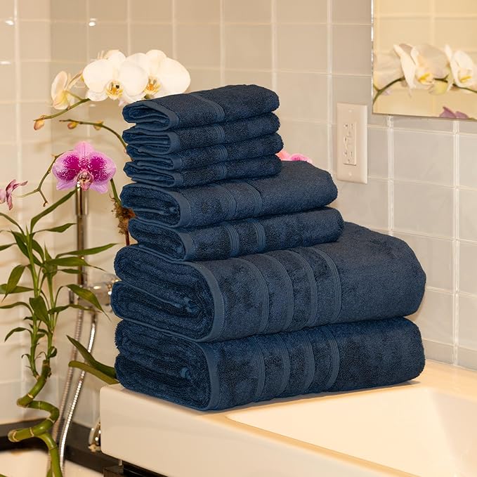 Mosobam Luxury Turkish 8pc XL Towel Set 35X70 16X30 13X13 Navy Blue 700 GSM Bamboo Viscose & Aegean Turkish Combed Cotton