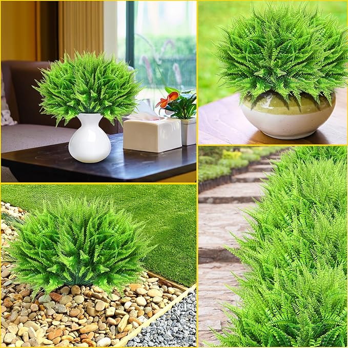 Zeyune 56 Bundles Artificial Plants Outdoors Fake Boston Fern Shrubs UV Resistant Faux Plastic Greenery Shrubs for Outdoor Indoor Garden Porch Window Hanging Planter Decor