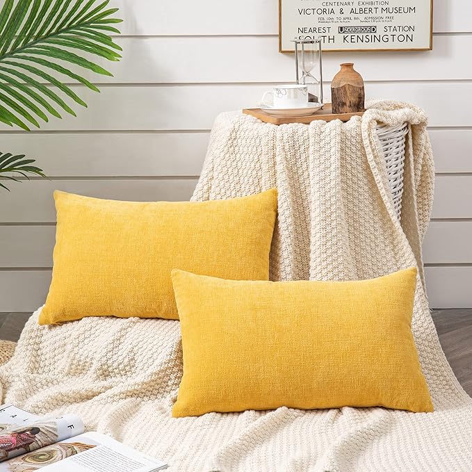 GAWAMAY Lumbar Pillow Cover Decorative Throw Pillow Covers 12"x20" Inch Set of 2, Super Soft Chenille Pillowcase for Living Room Bedroom Sofa Couch Cushion Cover Mustard Yellow 30x50cm (ONLY Covers)