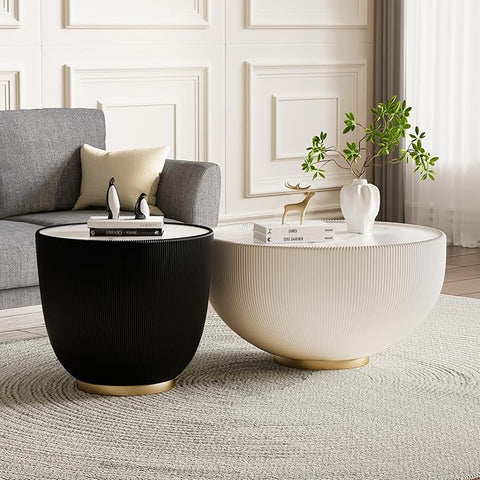 Round Coffee Table Set of 2, 2 Piece Luxury Cup Shape Leather End Tables Living Room Sets, Modern Circle Bedroom Side Sofa Tables Set of 2 with PU Leather for Living Room Bedroom
