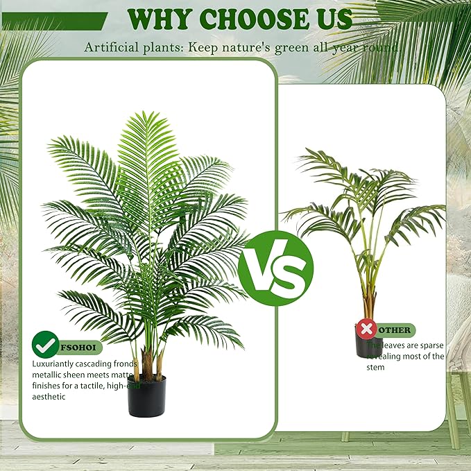 Artificial Palm Tree 4FT Artificia Plants Indoor Fake Trees Tropical Fake Plam Tree Floor Plant in White Pot with 13 Trunks & Real Bark Design Faux Palm Plant for Outdoor Home Room Decor