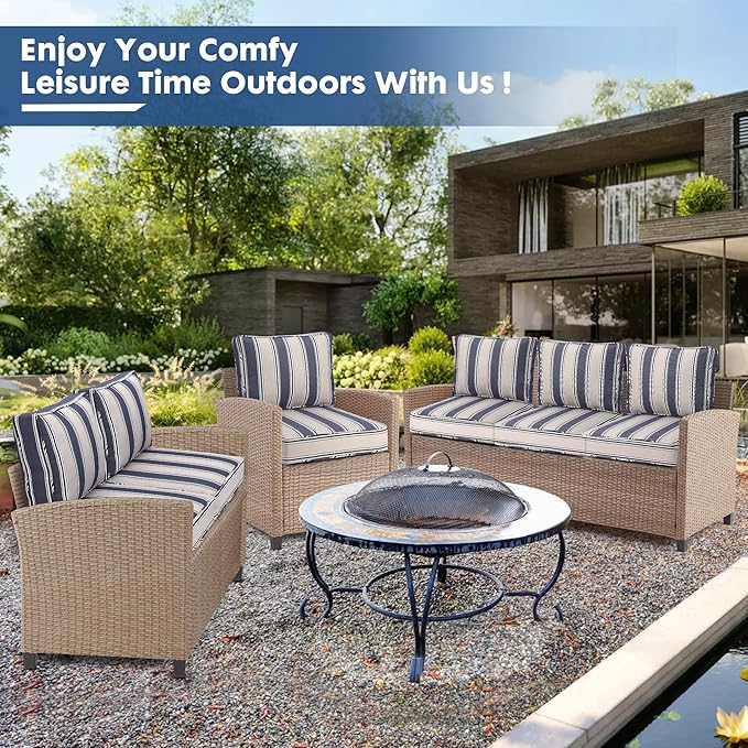 Outdoor Deep Seating Cushion Set, 24" x 24", Waterproof & Fade Resistant Patio Furniture Cushions with Handle, Deep Seat and Back Cushion for Chair and Sofa (1, Blue Stripe)