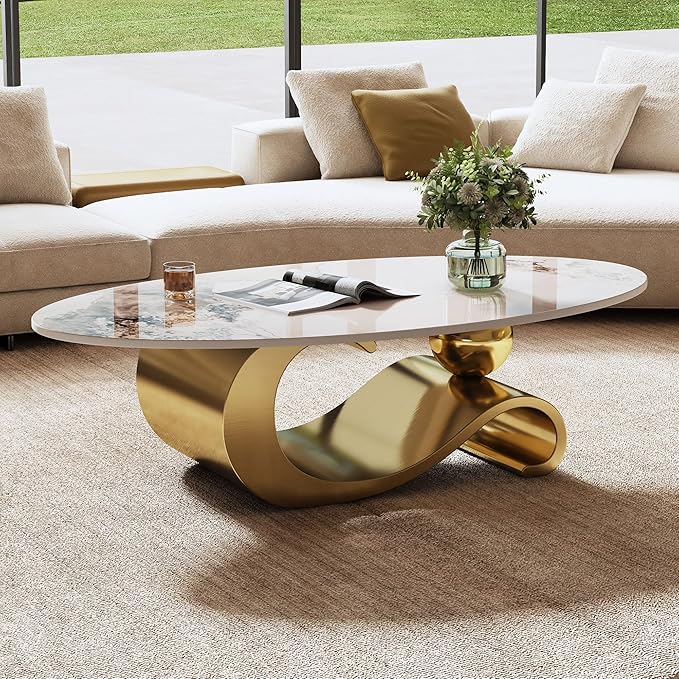 49.2" Oval Marble Coffee Table with Geometric Stainless Steel Base, Modern Sintered Stone Coffee Tables for Living Room, Luxury White Gold Cocktail Center Table Living Room Furniture for Home Decor