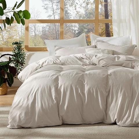Bedsure 100% Stone Washed Cotton Duvet Cover King Size - Oatmeal Minimalist Cotton Duvet Cover Linen Like for All Seasons - GentleSoft™ Plain Simple Bedding, 3 Pieces (Oatmeal, King, 104"x90")