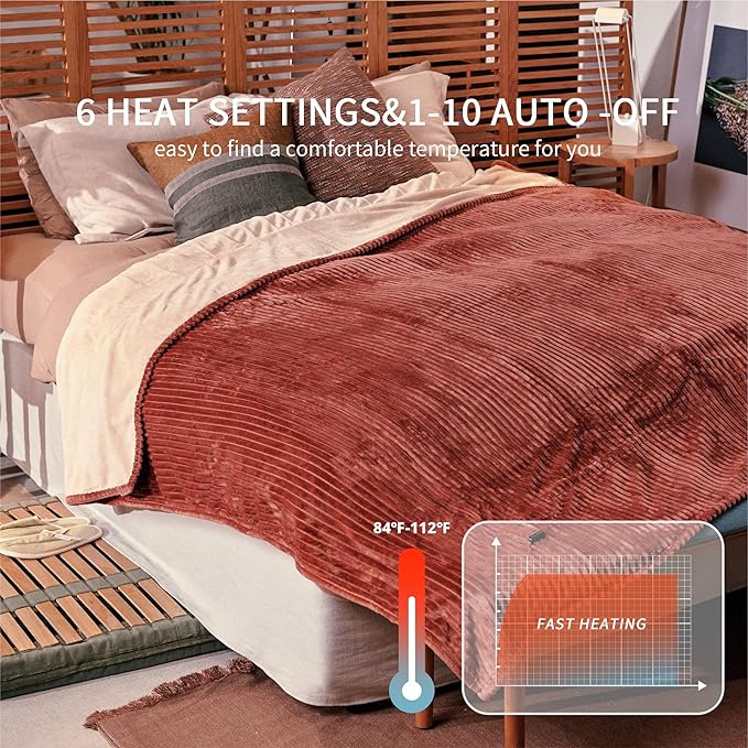 Heated Blanket Full Size 72"x84",ETL Certification-6 Heating Levels Electric Blanket&1-10 Hour Auto Off,Machine Washable Heating Blanket(RED)