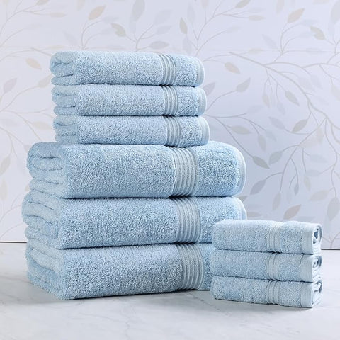 Superior Egyptian Cotton 9-Piece Towel Set, Assorted Towels for Home Bathroom, Guest Bath Decor Essentials, Includes 3 Bath, 3 Hand, 3 Face Towels/Washcloths, Quick Dry, Absorbent - Light Blue