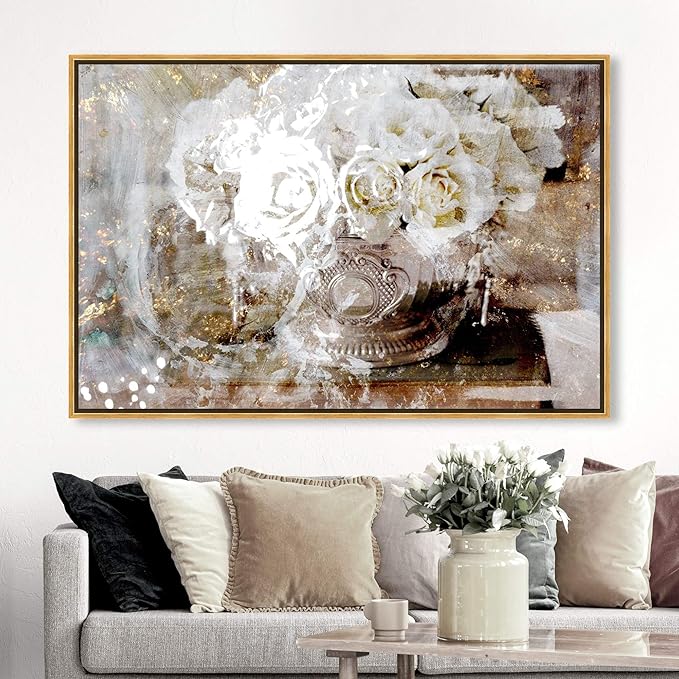 The Oliver Gal Artist Co. Floral and Botanical Framed Wall Art Canvas Prints 'Serving Roses' Florals, White, Gold, 45" x 30"
