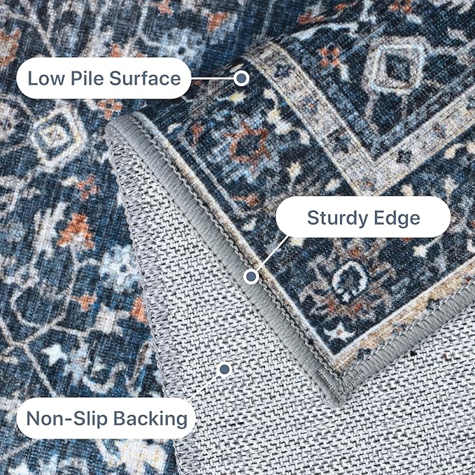 GENIMO Washable Area Rugs for Living Room Bedroom, 6x9 Boho Vintage Non Slip Rug, Low Pile Soft Floral Indoor Floor Carpet Cover for Dining Room Kitchen, Retro Dark Blue