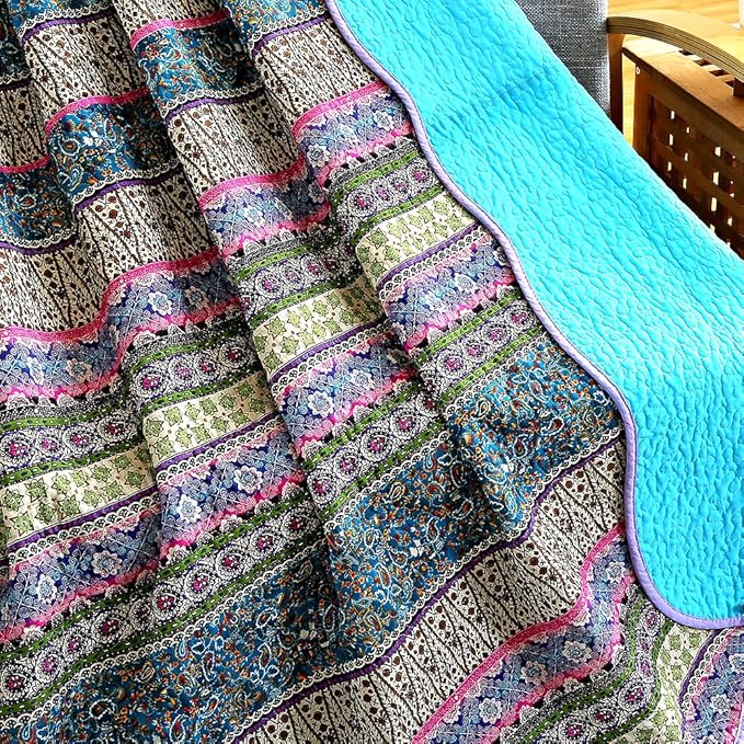 NEWLAKE Quilt Throw Blanket with Reversible Floral Patchwork, Blue Jacquard, 60X78 Inch