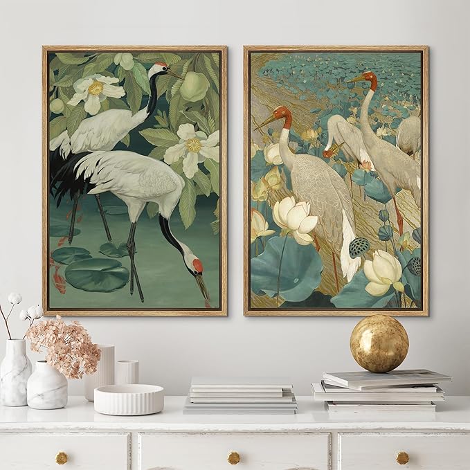 MUDECOR Framed Canvas Print Wall Art Elegant Cranes Among Lotus Flowers Nature Illustrations Modern Art Decorative Multicolor Minimalism for Bedroom - 16"x24"x2 Natural