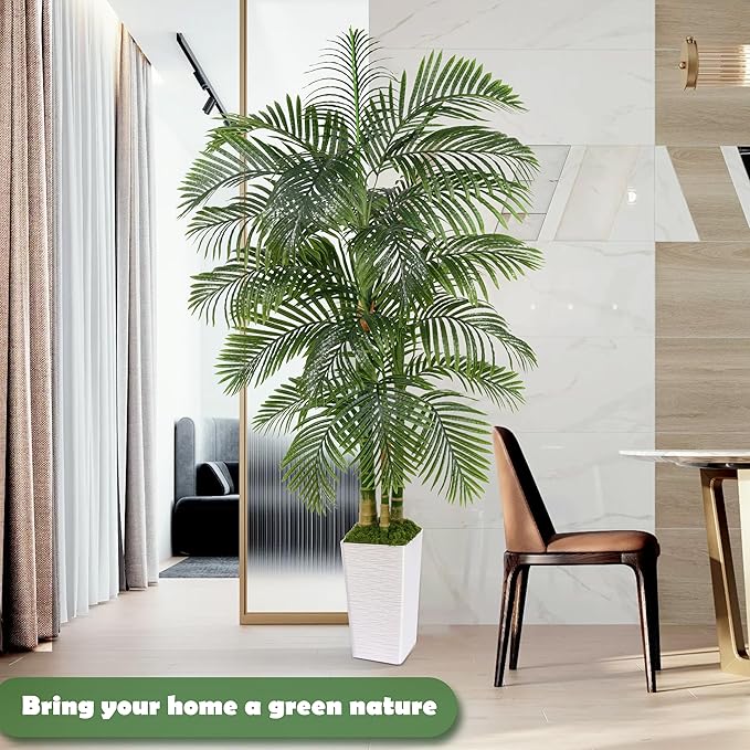 Artificial Golden Cane Palm Tree 7FT, Fake Palm Tree with Three Realistic Trunks and Lifelike Palm Leaves, Faux Palm Plant for Indoor Home Décor with White Planter