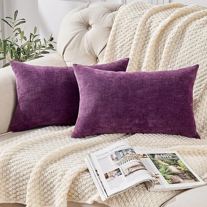 GAWAMAY Lumbar Pillow Decorative Rectangle Throw Pillow Covers 12"x20" Inch Set of 2, Super Soft Chenille Fall Pillowcase for Living Room Bedroom Sofa Couch Cushion Cover Purple 30x50cm (ONLY Covers)