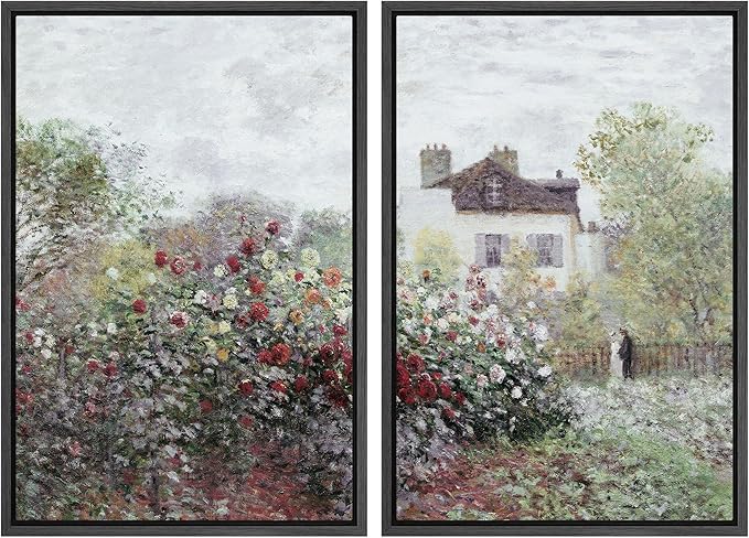 MUDECOR Framed Canvas Print Wall Art Blooming Garden and Cottage Romantic Floral Landscape Nature Wilderness Illustrations Realism Decorative Scenic for Living Room, Bedroom, Office - 24"x36"x2 Black