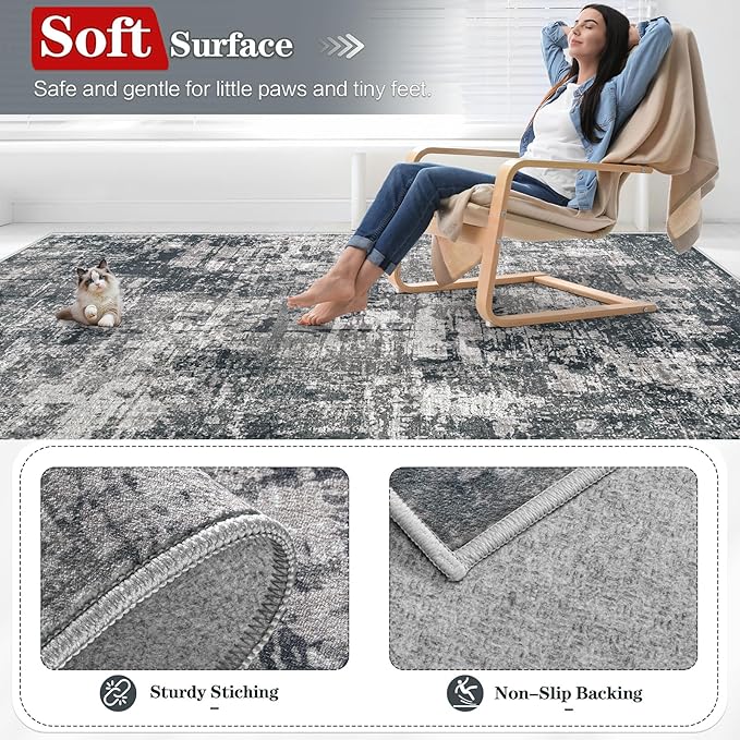6x9 Area Rugs for Living Room: Washable Modern Abstract Rug Large Soft Non Slip Rug Indoor Low Pile Carpet for Bedroom Dining Room Home - Black Grey Brown