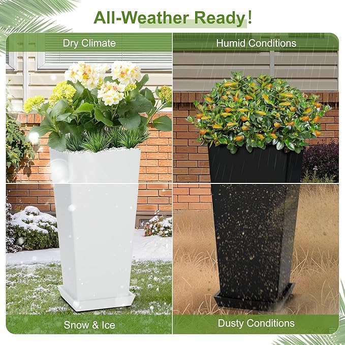24-Inch Tall Planters Set of 2 for Outdoor and Indoor Use, Tapered Flower Pots with Drainage Tray, Front Porch and Patio Decor, Ideal for Large Plants – White