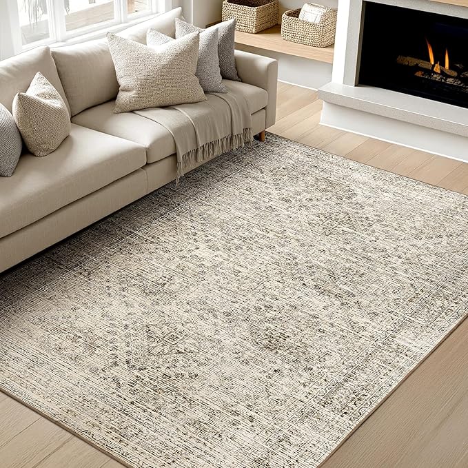 MIULEE 5x7 Vintage Living Room Rug Washable Area Rugs Low Pile Floor Mat for Bedroom Dining Room Non-Slip Stain Resistant Soft Indoor Carpet for Home Decor, Brown