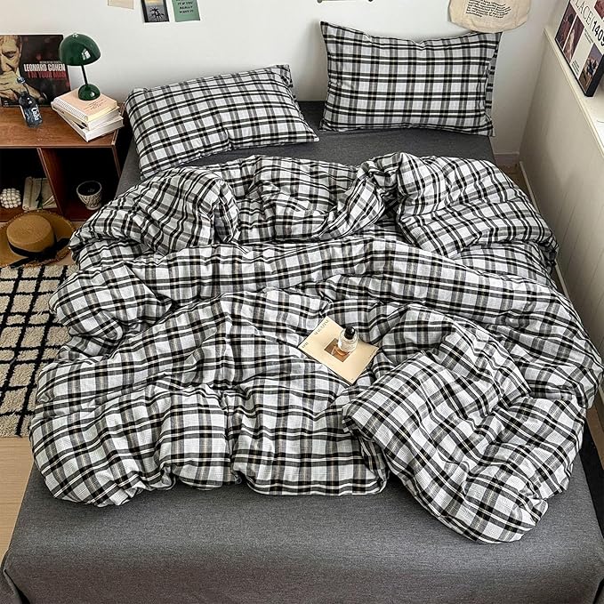 VM VOUGEMARKET Buffalo Gingham Duvet Cover Set Queen,3 Pieces Washed Cotton Bedding Set,Breathable Luxury Plaid Comforter Cover with Zipper Closure for Boys Men(Black&Grey)