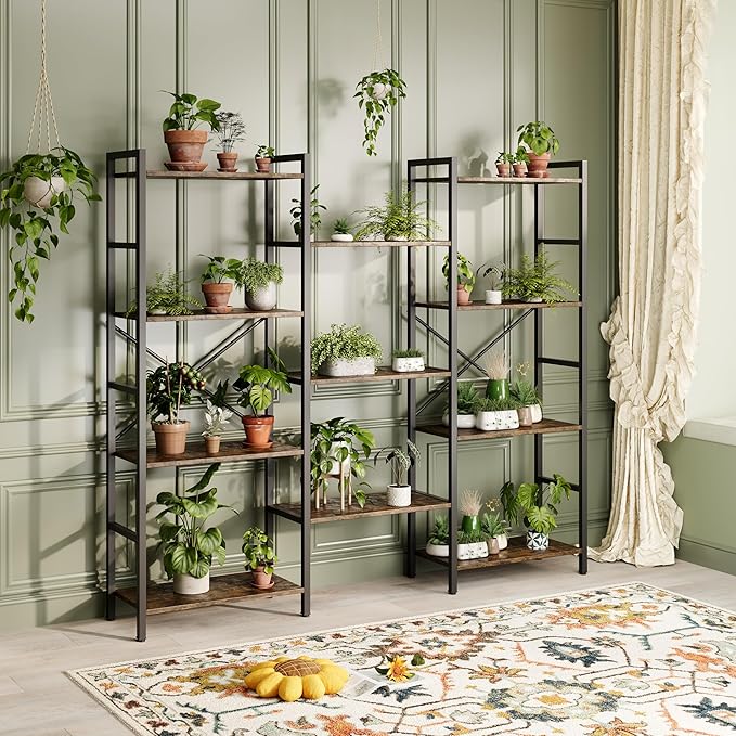 Triple 4 Tier Book Shelf, Modern Bookcase Shelf, Freestanding Large Display Shelves for Living Room/Office/Garage, Stable Large Bookshelf with Storage for Books/Lego/Plants, Rustic Brown