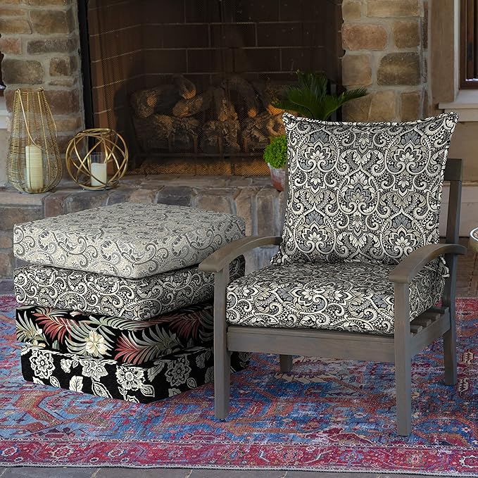 Arden Outdoor Deep Seat Cushion Set, 24 in x 24 in, Weather-Proof, Rain-Proof, Fade Resistant Patio Cushion for Chair, Sofa, and Couch Black Aurora Damask
