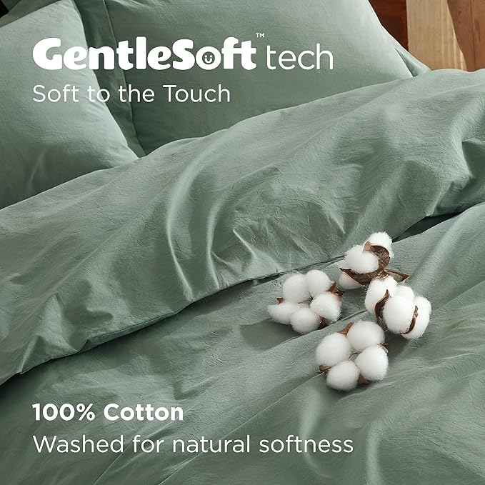 Bedsure 100% Washed Cotton Duvet Cover Queen Size - Green Minimalist Cotton Duvet Cover Linen Like for All Seasons - GentleSoft™ Plain Simple Bedding, 3 Pieces (Green, Queen, 90"x90")
