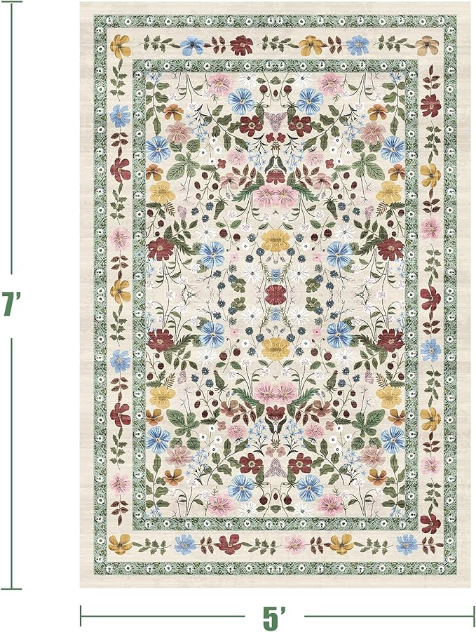 Deerly Floral Area Rugs 5x7 Vintage Boho Washable Non-Slip Living Room Carpet Soft Low Pile Colorful Thin Bedroom Floor Mat Indoor for Dining Room Playroom Nursery Farmhouse, Beige/Green/Multi