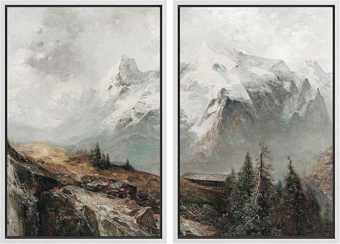 MUDECOR Framed Canvas Print Wall Art Majestic Snow-Capped Mountains Alpine Wilderness Nature Wilderness Illustrations Realism Decorative Scenic for Living Room, Bedroom, Office - 24"x36"x2 White
