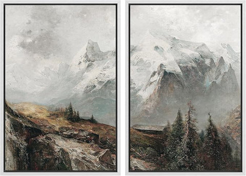 MUDECOR Framed Canvas Print Wall Art Majestic Snow-Capped Mountains Alpine Wilderness Nature Wilderness Illustrations Realism Decorative Scenic for Living Room, Bedroom, Office - 24"x36"x2 White
