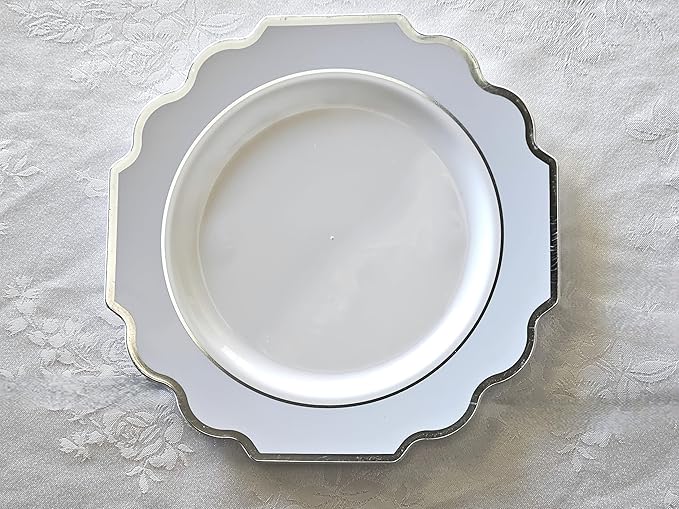 " OCCASIONS " 120 Plates Pack,(60 Guests) Heavyweight Premium Wedding Party Disposable Plastic Plates Set -60 x 10.5'' Dinner + 60 x 8'' Salad/Dessert (Imperial in White/Blue & Silver)
