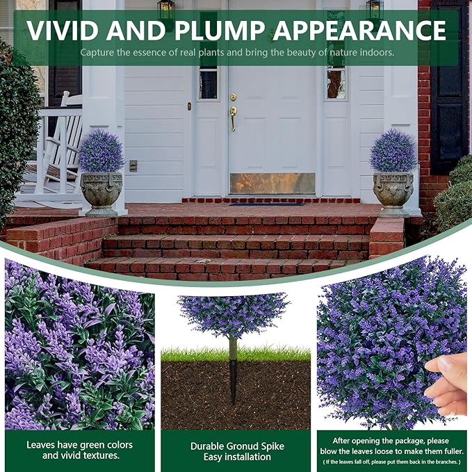 23.6'' Faux Lavender Topiaries Set of 2 with Ground Spikes for Spring Front Porch Decor, Fake Bushes UV Resistant, Artificial Shrubs Outdoor Plants Fake Evergreen Tree for Outdoor Garden