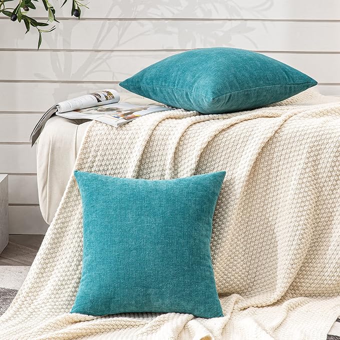 GAWAMAY Decorative Square Throw Pillow Covers 18"x18" Inch Set of 2, Super Soft Chenille Pillows Cover Fall Pillowcase for Living Room Bedroom Sofa Couch Cushion Cover Teal 45x45cm (No Insert)